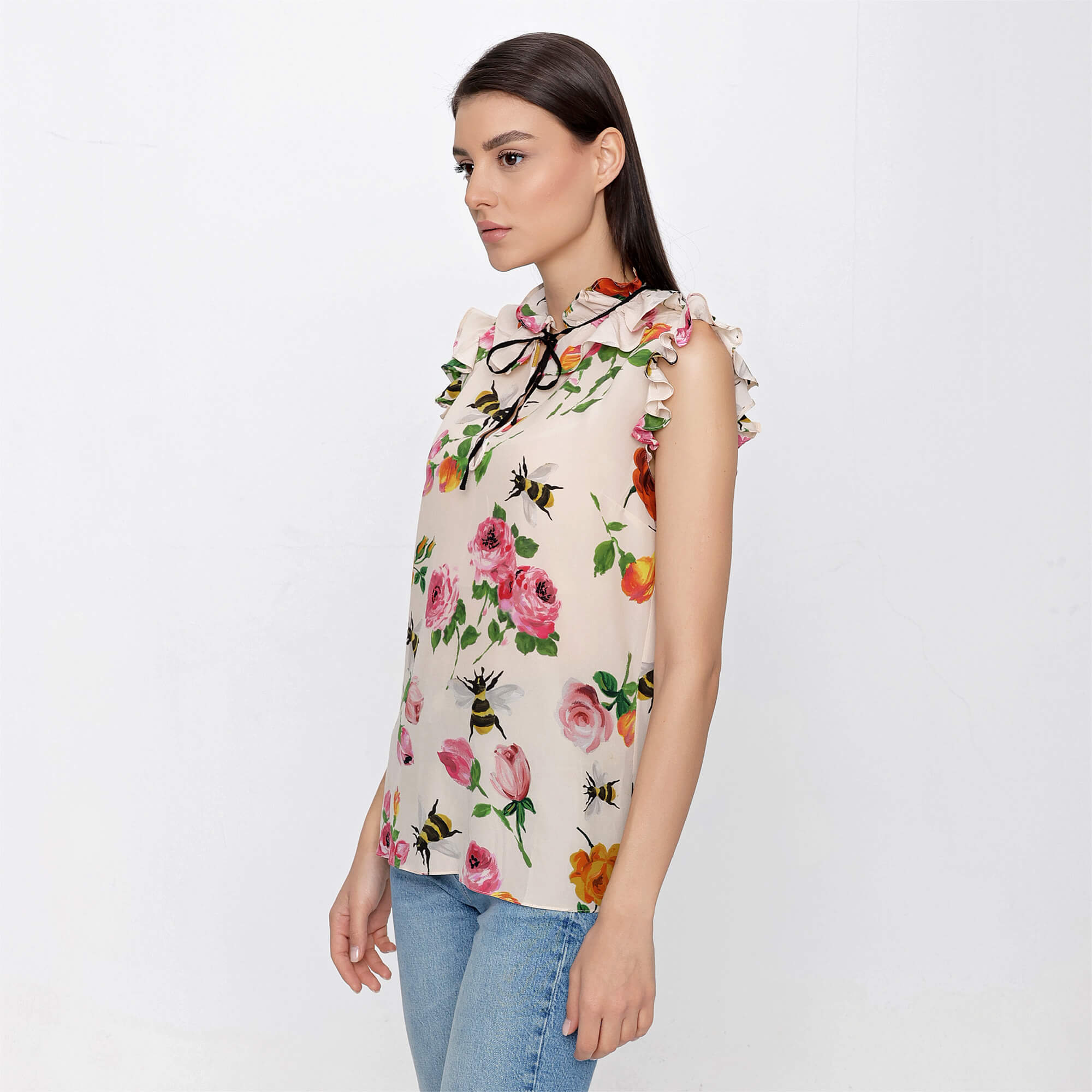 Gucci - Ivory Silk Rose Print Ruffle Detail Sleeveless Top